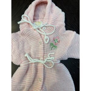 Vintage New Born Baby Girl Pink Knit Hooded Bunting Pram Suit 6-9 Months Floral